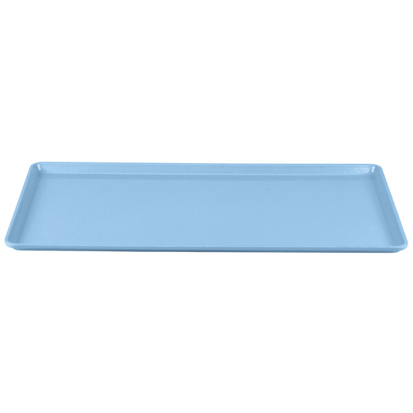 A robin egg blue rectangular Cambro dietary tray.