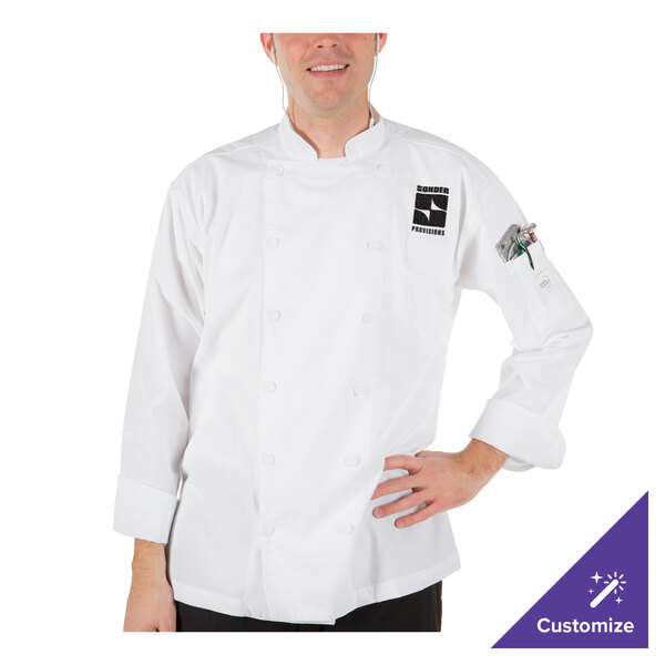 A man wearing a white Mercer Culinary chef coat.