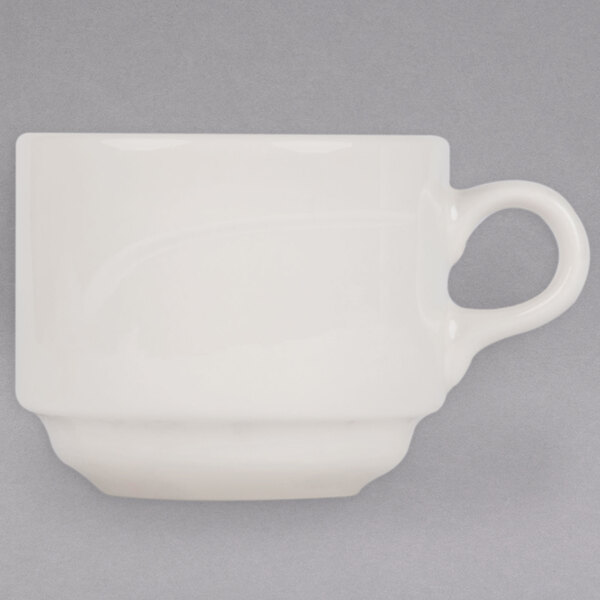 A white Libbey Savoy porcelain cup with a handle.