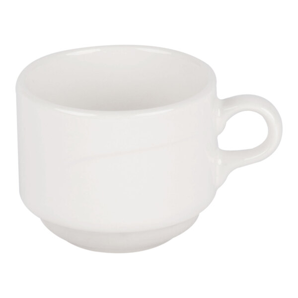 A plain white porcelain cup with a handle, shown against a white background.