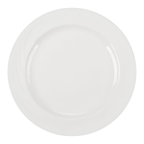 A plain, round, white plate with a slightly raised rim, viewed from above.