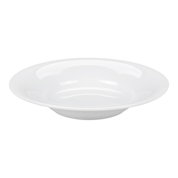 A white, shallow, broad-rimmed bowl with a smooth, glossy finish.
