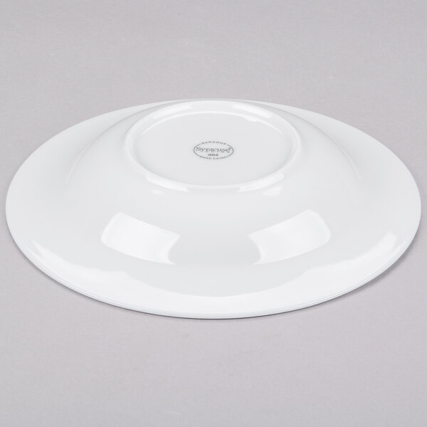 A white Syracuse China bone china soup bowl with a small rim.