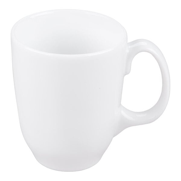 A plain white ceramic mug with a handle, shown against a white background.