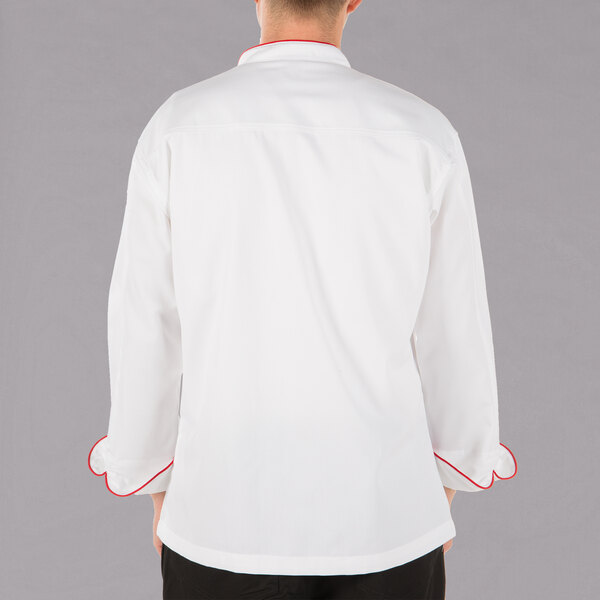 The back of a white Mercer Culinary chef jacket with red piping.
