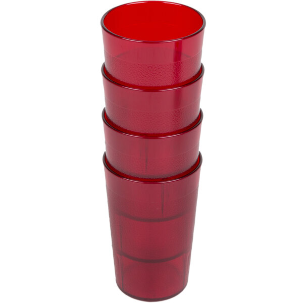 A stack of Cambro ruby red plastic tumblers.