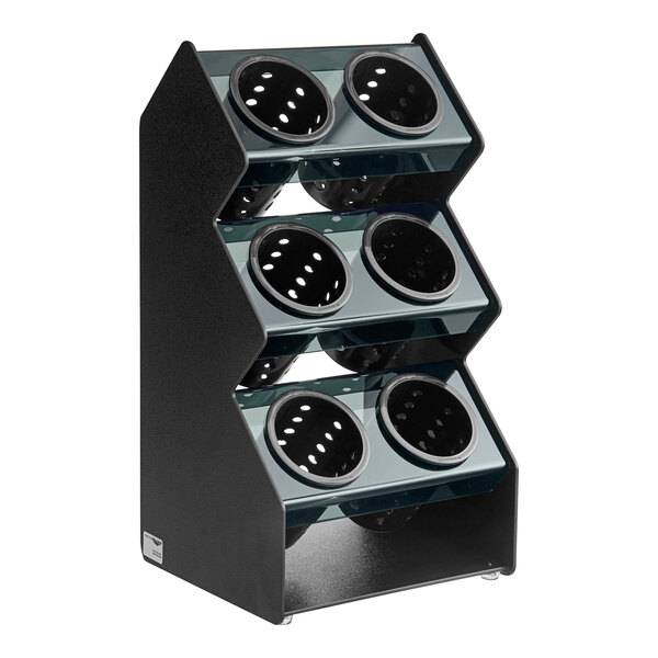 A black and silver stand with six black perforated cylinders.