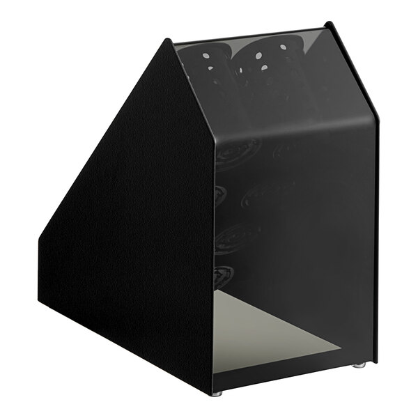 A black plastic container with black perforated cylinders inside.