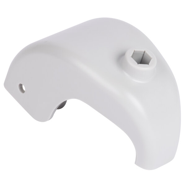 A white plastic Robot Coupe pusher guide with a screw.