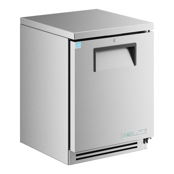 A silver rectangular True undercounter freezer with a black handle.