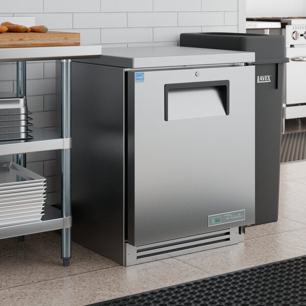 A stainless steel undercounter freezer with a single door, designed for commercial kitchen use.