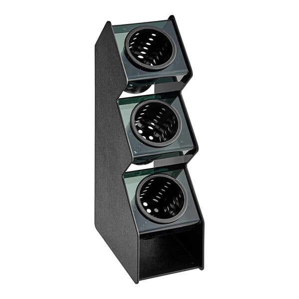 A black countertop vertical flatware organizer with three cylinders.