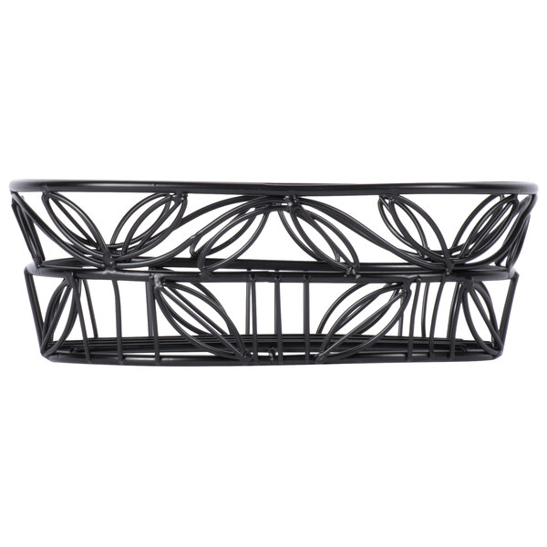 An American Metalcraft black wrought iron oval basket with a leaf design.