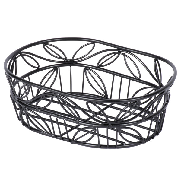 An American Metalcraft black wrought iron oval basket with a leaf design.