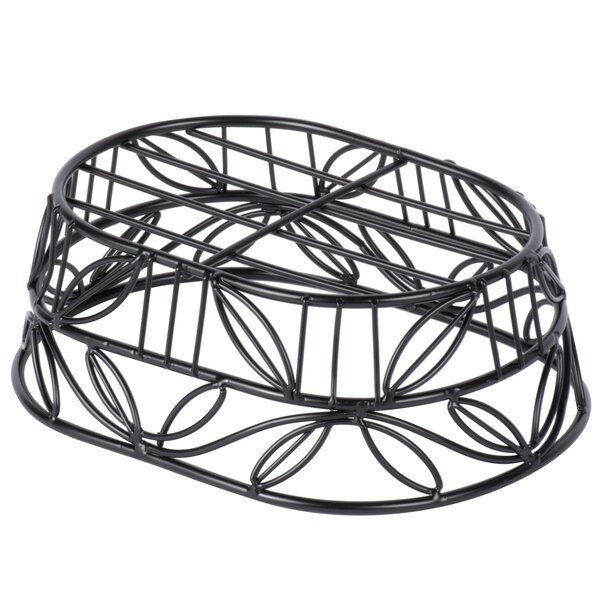An American Metalcraft black wrought iron oval basket with a leaf design.