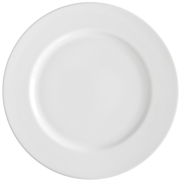 A close up of a 10 Strawberry Street Royal White porcelain dinner plate with a round edge and a white rim.