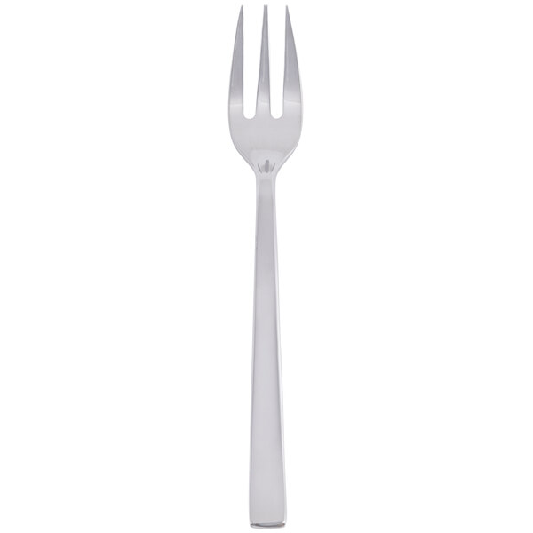 A stainless steel cocktail fork with a silver handle.