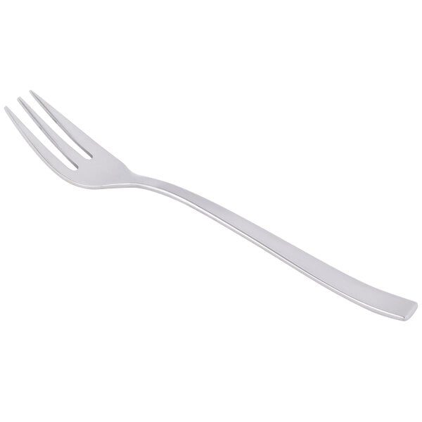 A Libbey stainless steel cocktail fork with a white handle.