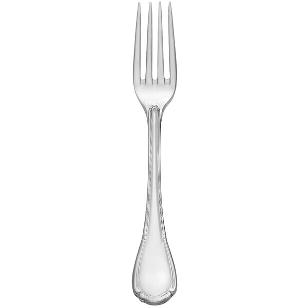 A stainless steel utility/dessert fork with a Baroque design on the handle.