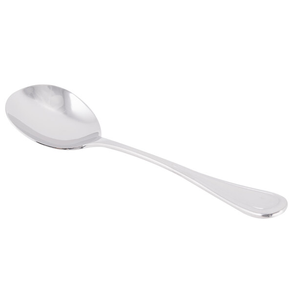 A Libbey stainless steel bouillon spoon with a handle.