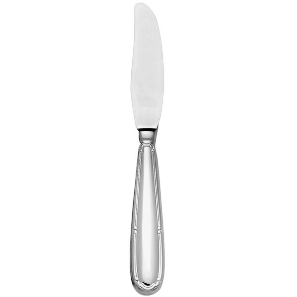 A silver bread and butter knife with a white handle.