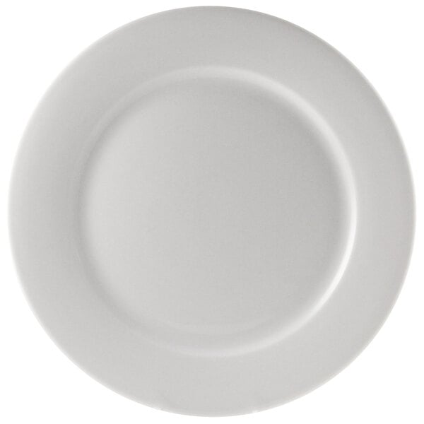 A close-up of a 10 Strawberry Street Bistro bright white porcelain luncheon plate with a white rim.