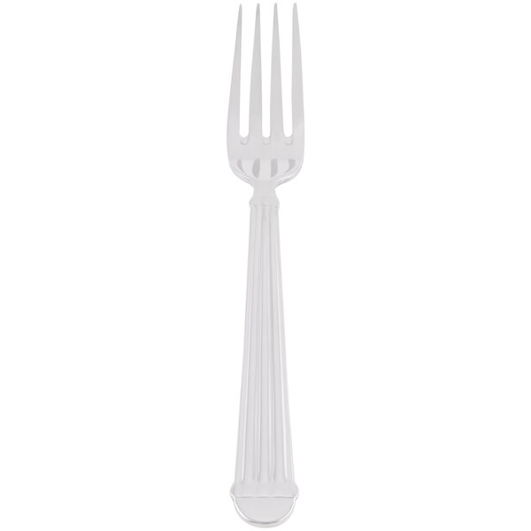 A Libbey stainless steel dessert fork with a white handle.
