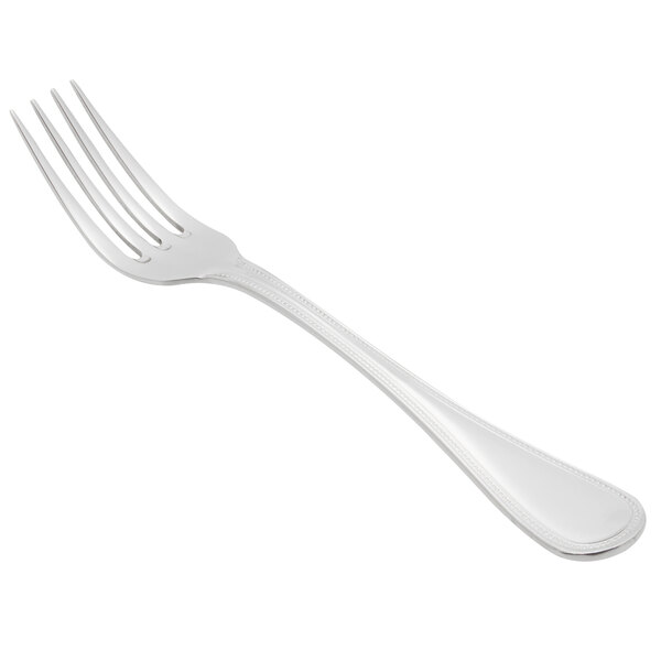 A silver fork with a white background.