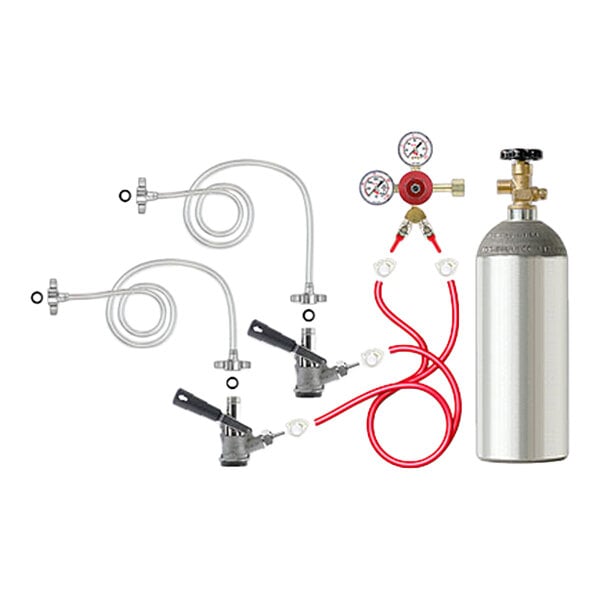 A set of beverage dispensing equipment including a metal cylinder, pressure gauges, hoses, and connectors arranged on a white background.