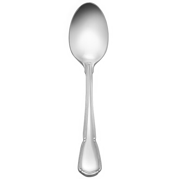 A silver Reserve by Libbey Baroque demitasse spoon with a handle.