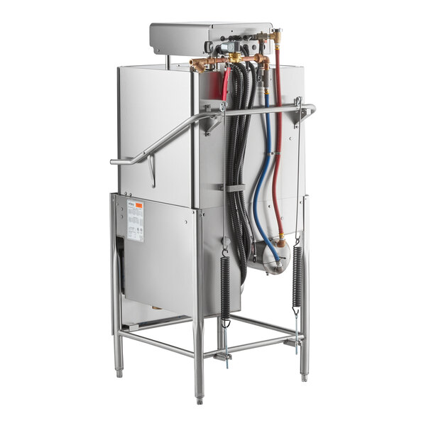 A commercial high temperature dishwasher with multiple hoses and a stainless steel frame.