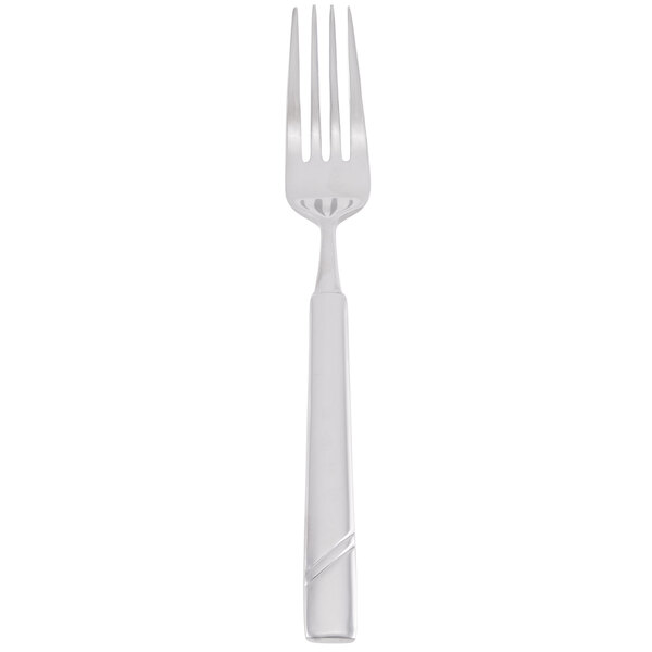 A stainless steel Libbey dinner fork with a silver handle.