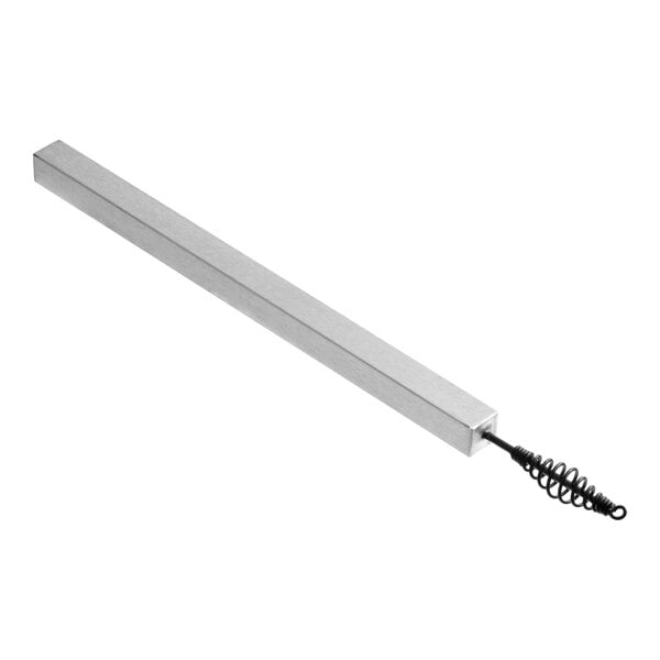 A stainless steel veggie stick with a metal handle and a coiled end.