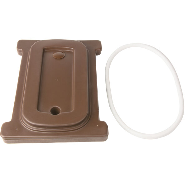 A brown rectangular lid with a white plastic ring.