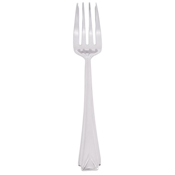 A silver fork with a white handle on a white background.
