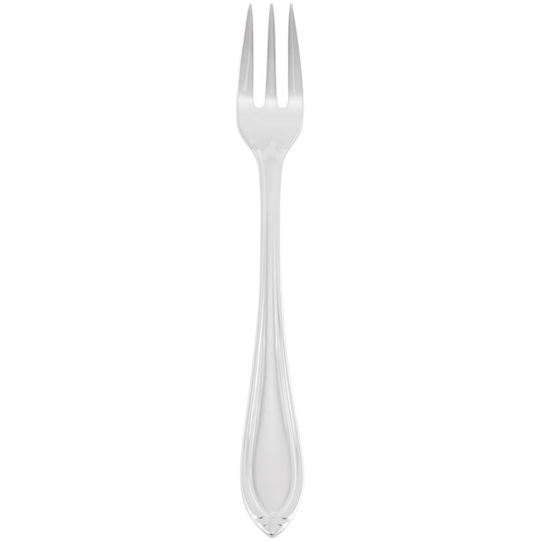 A World Tableware cocktail fork with a white handle.