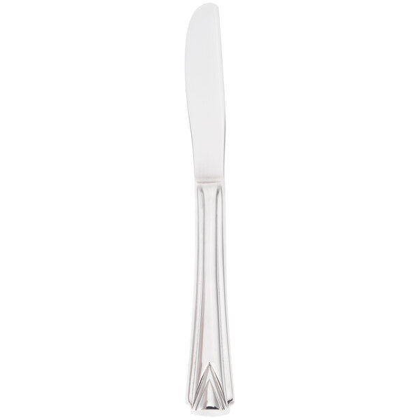 A silver knife with a solid handle on a white background.