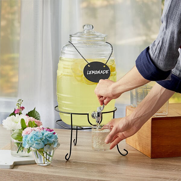 2.5 Gallon Barrel Glass Beverage Dispenser with Chalkboard Sign and Black Stand