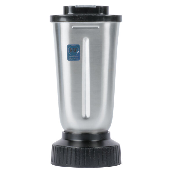 A silver and black Waring blender jar with a black lid.