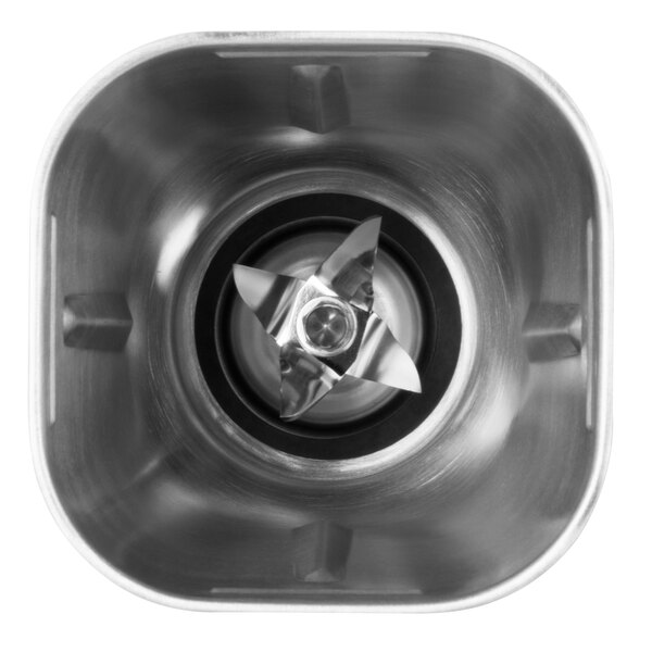 A close-up of a stainless steel Waring blender jar.