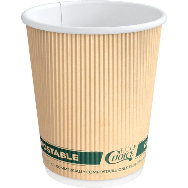 An EcoChoice paper hot cup with a white rim and lid.