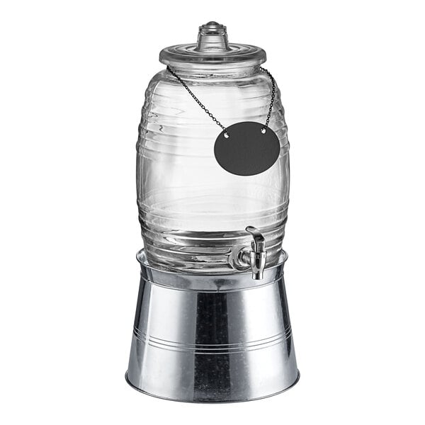 An Acopa glass beverage dispenser with a metal stand and a black chalkboard sign on top.