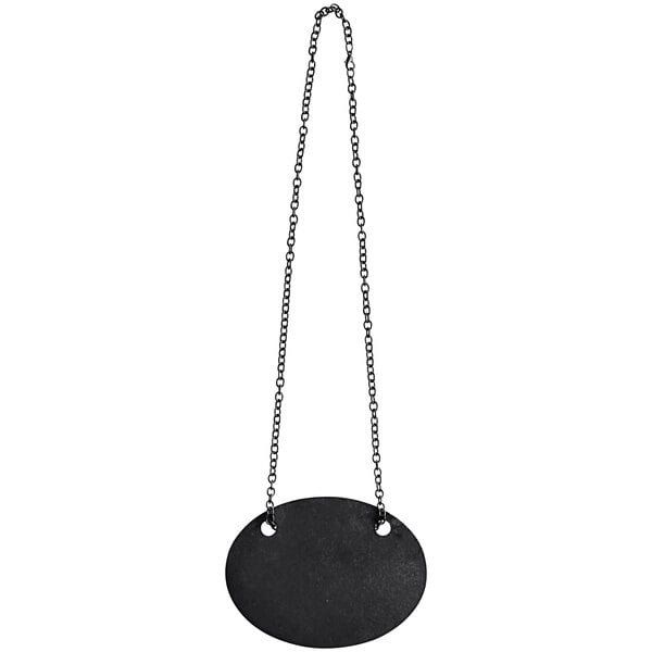 A black oval Choice chalkboard sign hanging from chains.