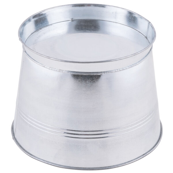 An Acopa metal beverage dispenser base. A silver metal tin.