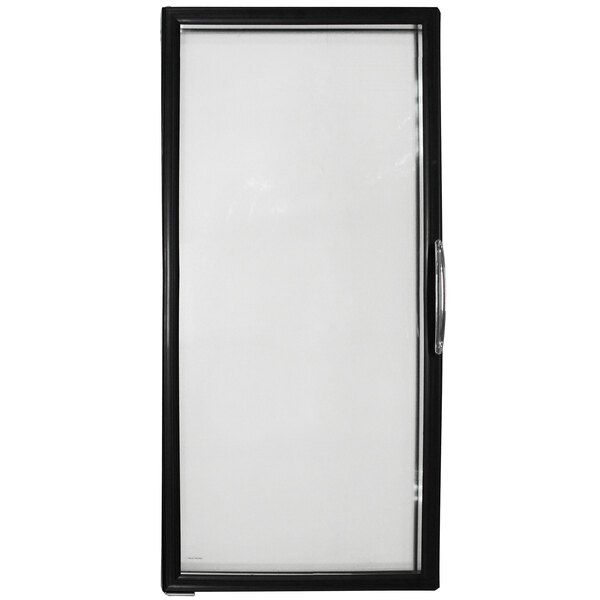 A black and white glass door with a white frame and silver handle.