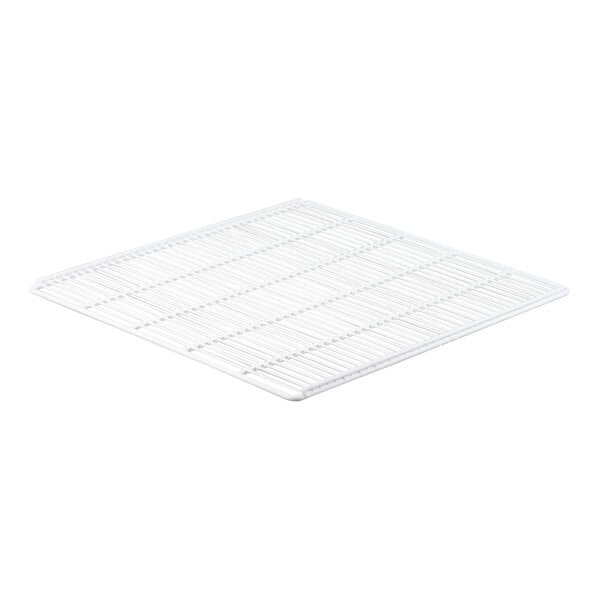A white coated wire shelf with a grid on top.