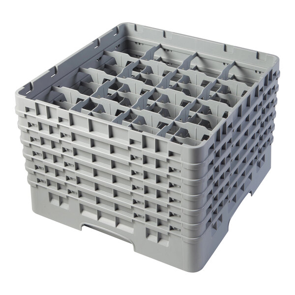 A soft gray plastic Cambro glass rack with 16 compartments and 6 extenders.