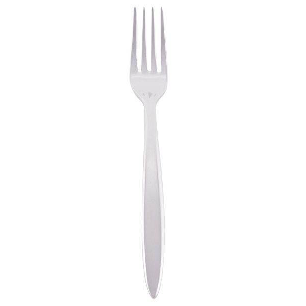 A close-up of a Libbey stainless steel dessert fork with a white handle.