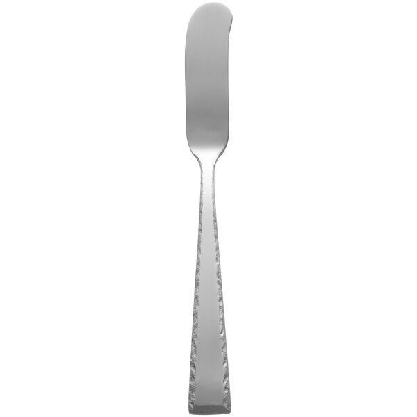 A silver butter knife with a white handle.