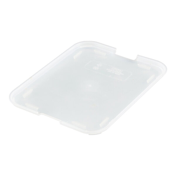 A translucent, rectangular plastic lid with rounded corners and a slight raised edge.